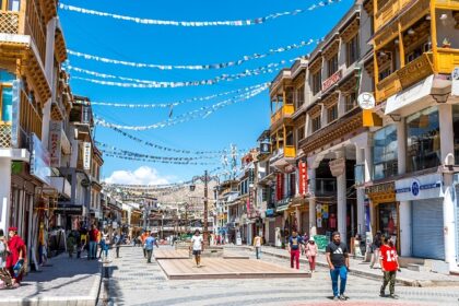 Leh Main Market is bustling with shops and shoppers, perfect for shopping in Ladakh.