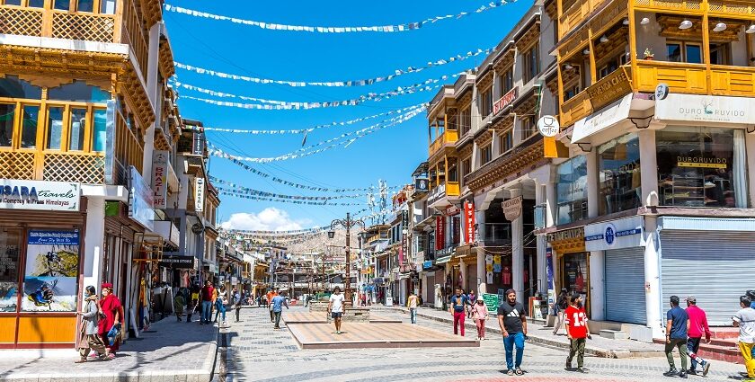 Leh Main Market is bustling with shops and shoppers, perfect for shopping in Ladakh.