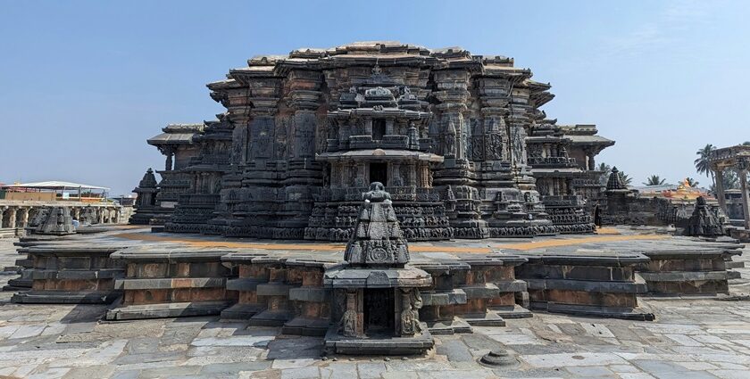 Ancient stone architecture showcases the divine beauty of temples in Karnataka.