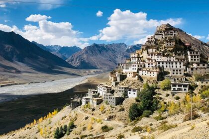 Fields and houses in Spiti Valley, Himachal Pradesh, under tall mountain ranges.