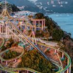 Aerial view of Ocean Park showcasing rides and exhibits at zoos in Hong Kong.