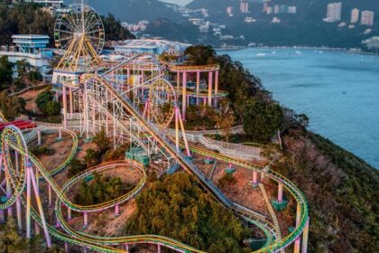 Aerial view of Ocean Park showcasing rides and exhibits at zoos in Hong Kong.