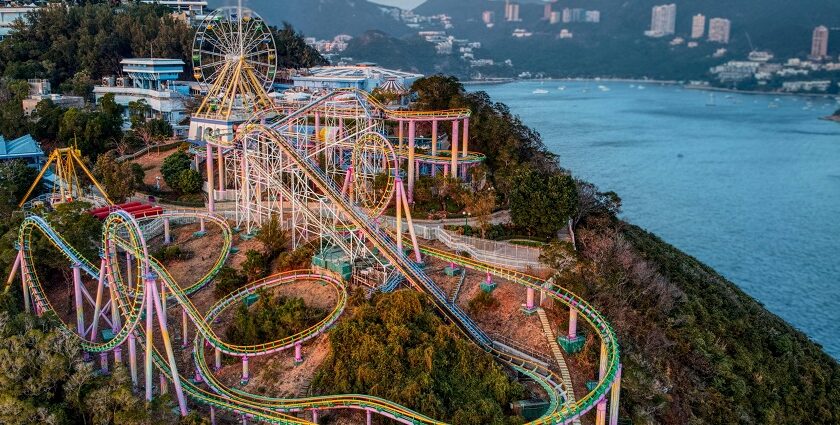 Aerial view of Ocean Park showcasing rides and exhibits at zoos in Hong Kong.