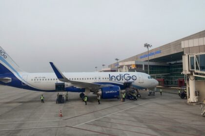 IndiGo Airbus A320 parked at Maharaja Bir Bikram Airport terminal in Agartala, representing airports in Tripura.