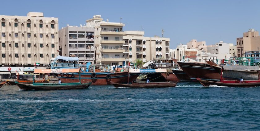 View of traditional architecture and a narrow street in the old cultural area of Dubai.