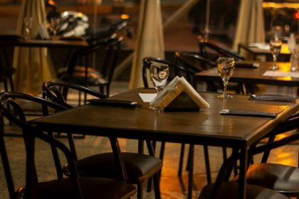 Dimly lit restaurant tables set with glasses and napkins, facing a street view at night, one of the best restaurants in Aizawl.