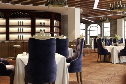 Interior of China Valley Restaurant with white tablecloths and purple chairs restaurants in Pasighat.