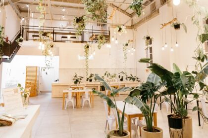 The Table Talk Cafe interior with white tables, chairs, and green plants, one of the best cafes in Uzan Bazar Guwahati.