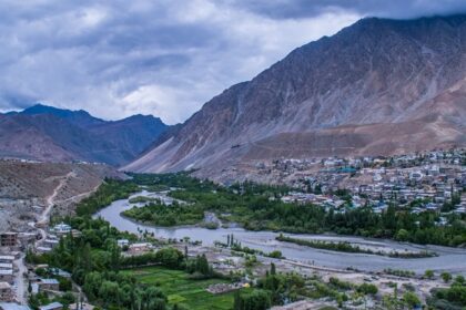 Landscape of Himalayan mountainous terrane in Ladakh.Mountains along Zanskar Valley–Snowfall In North India