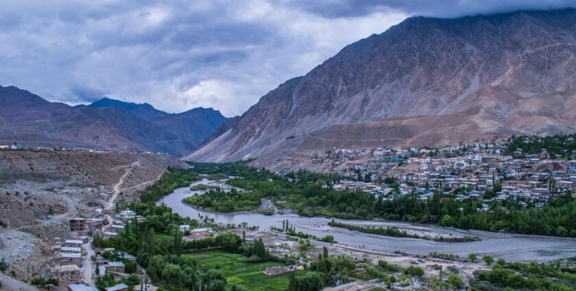 Landscape of Himalayan mountainous terrane in Ladakh.Mountains along Zanskar Valley–Snowfall In North India